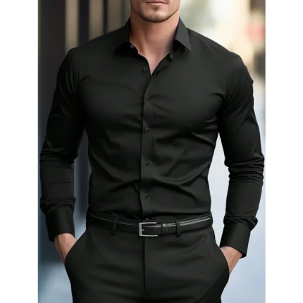 FGKKS New Men Shirt Brand New Solid Color Long Sleeve Elastic Fabric Men's Multiple Colors Male Quality Basic Shirt